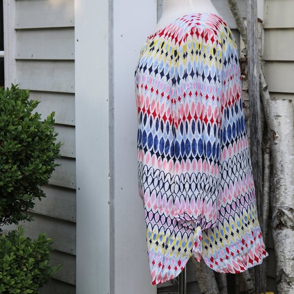 Talbots Multicolor Diamond Print Keyhole w Button Neck Tie Cuffs Rayon Tunic XL - Picture 6 of 10